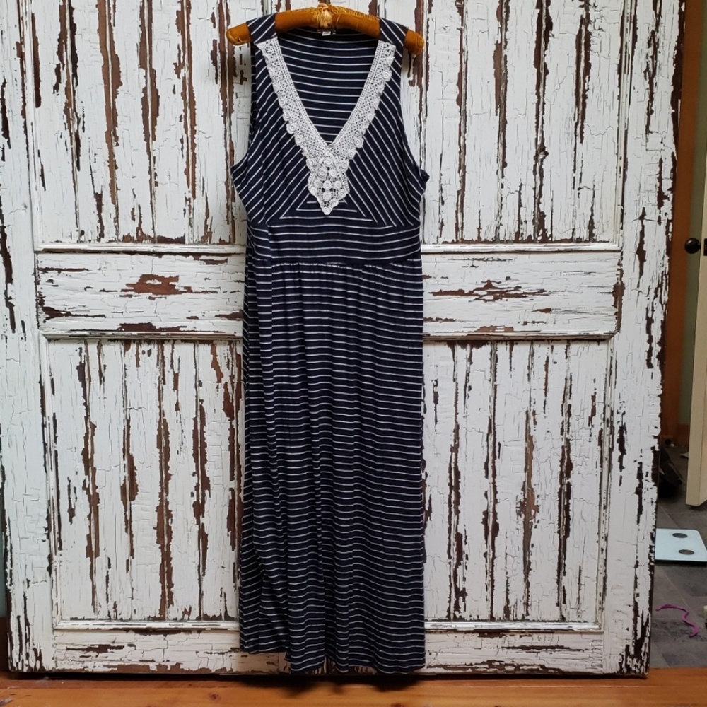 Navy and white stripe maxi dress